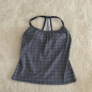 Kona Sol Tankini Swim Top Sz S Navy White Geometric Print Padded Halter Beach